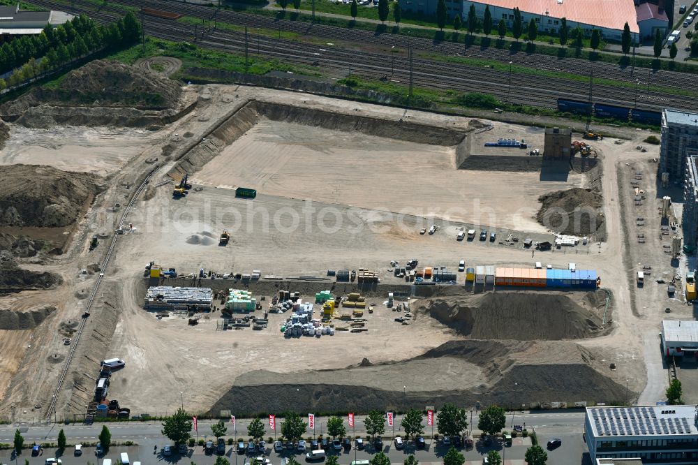 Schwetzingen from above - Construction site with development works and embankments works on street Scheffelstrasse in Schwetzingen in the state Baden-Wuerttemberg, Germany