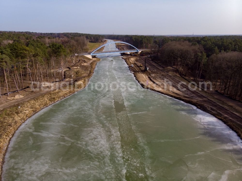 Schorfheide from above - Construction site with development works and embankments works for the Umgehungsstrasse Eberswalde on Oder- Havel- Kanal bei Finowfurt in Schorfheide at Schorfheide in the state Brandenburg, Germany