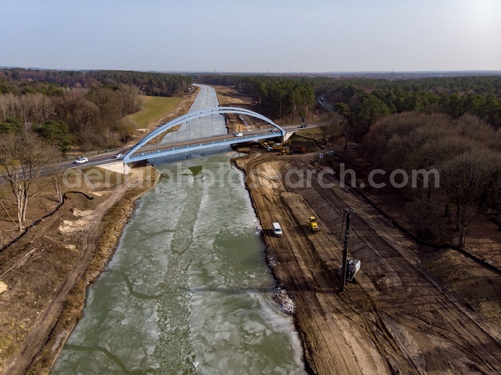 Schorfheide from the bird's eye view: Construction site with development works and embankments works for the Umgehungsstrasse Eberswalde on Oder- Havel- Kanal bei Finowfurt in Schorfheide at Schorfheide in the state Brandenburg, Germany