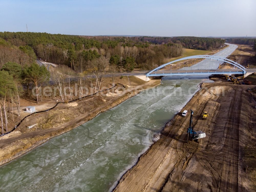 Aerial image Schorfheide - Construction site with development works and embankments works for the Umgehungsstrasse Eberswalde on Oder- Havel- Kanal bei Finowfurt in Schorfheide at Schorfheide in the state Brandenburg, Germany