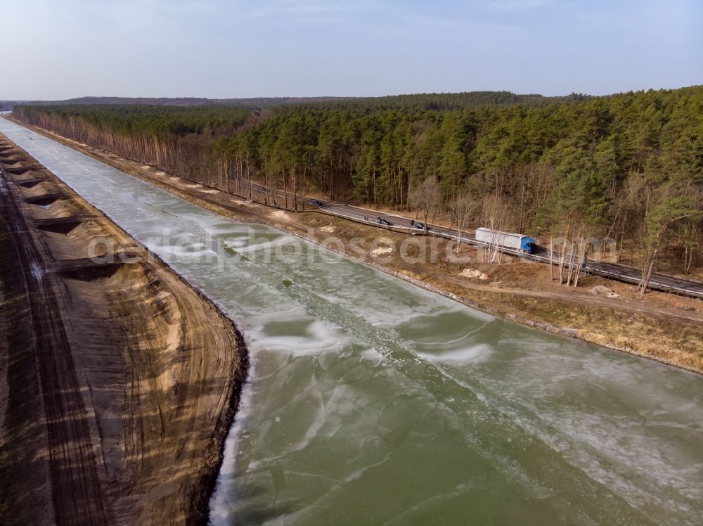 Aerial photograph Schorfheide - Construction site with development works and embankments works for the Umgehungsstrasse Eberswalde on Oder- Havel- Kanal bei Finowfurt in Schorfheide at Schorfheide in the state Brandenburg, Germany