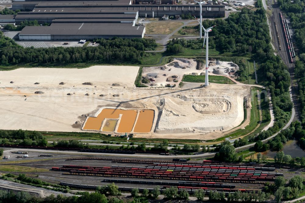 Bremen from above - Construction site with development works and embankments works on Wilhelm-Maybach-Strasse in the district Industriehaefen in Bremen, Germany