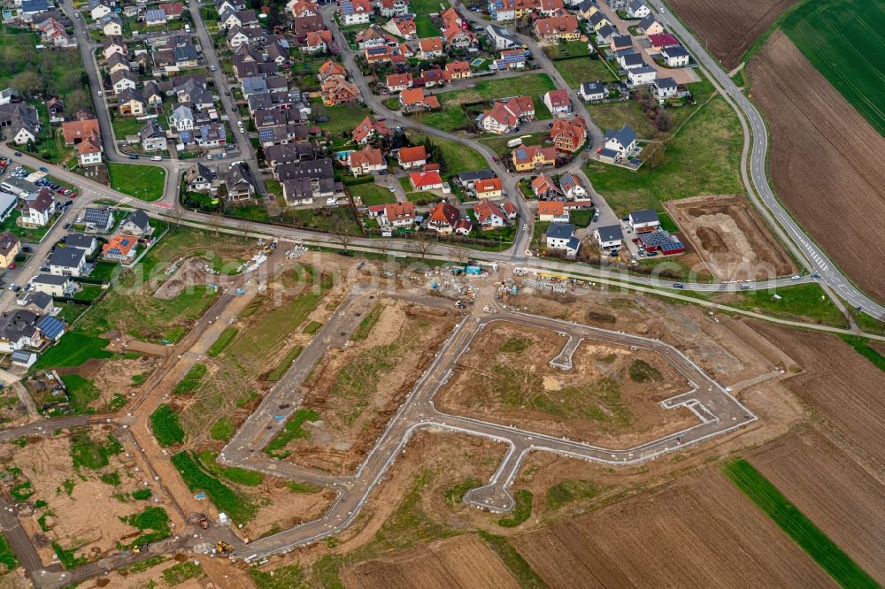 Rheinhausen from above - Construction site with development works and embankments works fuer ein Wohn Baugebiet in Rheinhausen in the state Baden-Wurttemberg, Germany