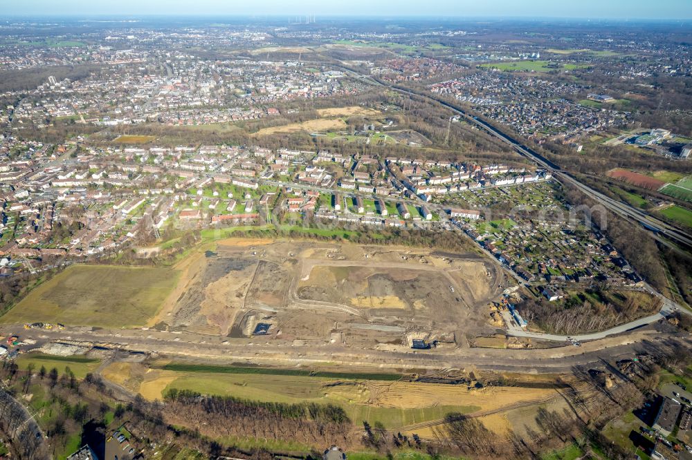 Duisburg from above - Construction site with development and earthworks of the new residential building project Friedrich-Park on Breite Strasse in the district of Marxloh in Duisburg in the Ruhr area in the state North Rhine-Westphalia, Germany