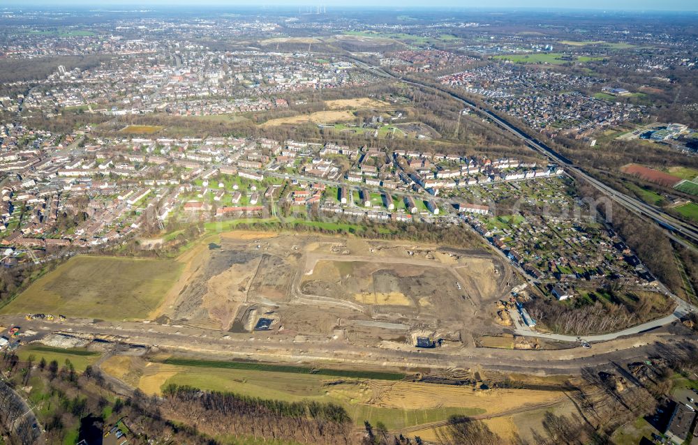 Duisburg from the bird's eye view: Construction site with development and earthworks of the new residential building project Friedrich-Park on Breite Strasse in the district of Marxloh in Duisburg in the Ruhr area in the state North Rhine-Westphalia, Germany