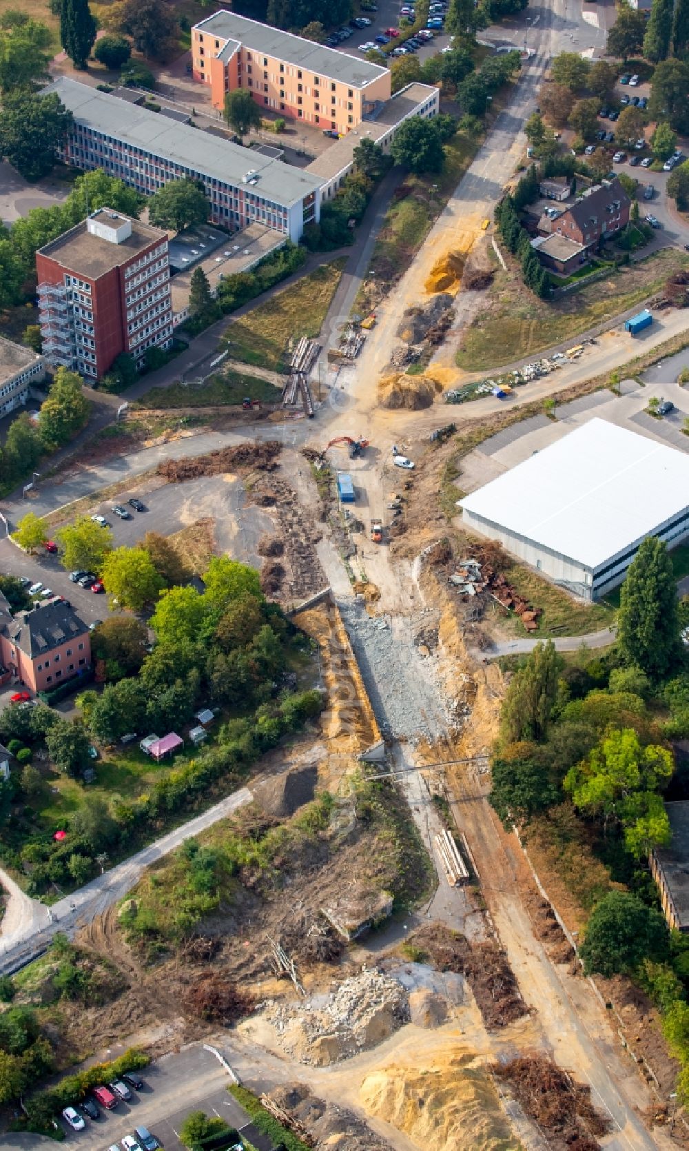 Aerial image Dorsten - Construction site of the BLR Bauunternehmen GmbH with development works and embankments works for the reconstruction of the Bismarckstrasse in Dorsten in the state North Rhine-Westphalia