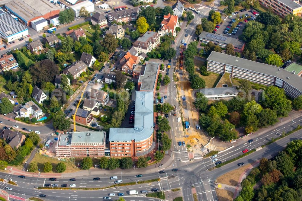 Aerial photograph Dorsten - Construction site with development works and embankments works for reconstruction of the Bismarkstrasse in Dorsten in the state North Rhine-Westphalia