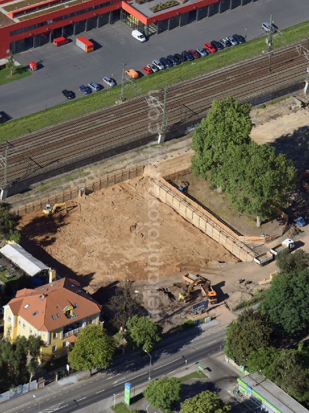 Aerial image Dresden - Construction site with development works and embankments works for construction of micro apartments in the Wiener Strasse in Dresden in the state Saxony