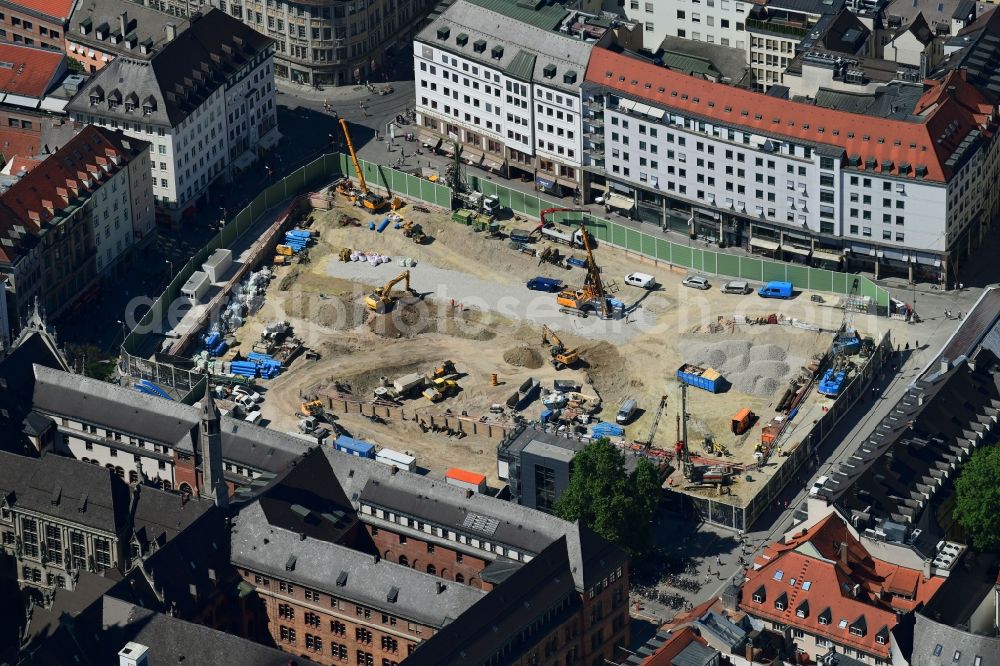 Aerial photograph München - Construction site with development and earth dumping works for the 2nd main line of the railway at the future S-Bahn stop Marienhof in the district Altstadt - Lehel in Munich in the federal state of Bavaria, Germany