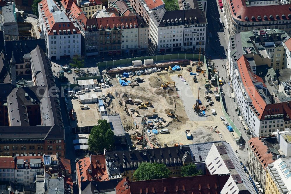 München from above - Construction site with development and earth dumping works for the 2nd main line of the railway at the future S-Bahn stop Marienhof in the district Altstadt - Lehel in Munich in the federal state of Bavaria, Germany