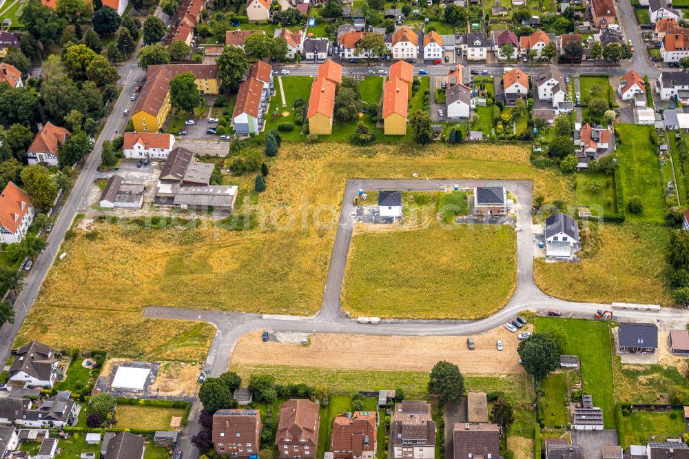 Werl from above - Construction site with development works and embankments works between Roentgenstrasse and Panningstrasse in the district Westoennen in Werl at Ruhrgebiet in the state North Rhine-Westphalia, Germany