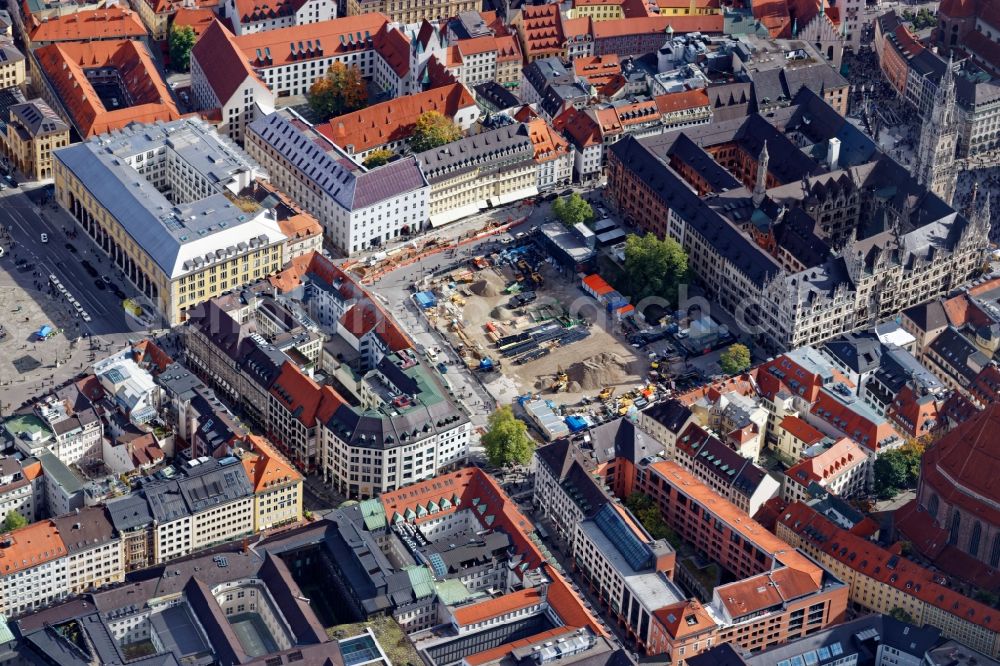 München from the bird's eye view: Construction site Work on the second S Transit Line at Marienhof in Munich in the state Bavaria, Germany