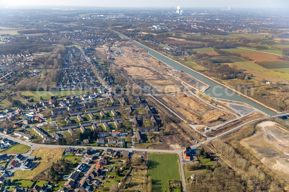 Bergkamen from above - Construction site with development, foundation, earth and landfill works Wasserstadt Aden in Bergkamen in the state North Rhine-Westphalia, Germany