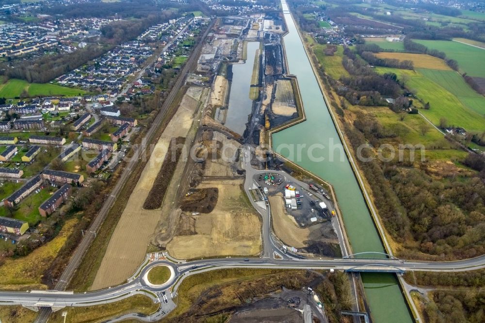 Aerial photograph Bergkamen - Construction site with development, foundation, earth and landfill works Wasserstadt Aden in Bergkamen in the state North Rhine-Westphalia, Germany