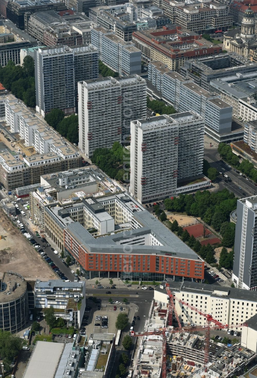 Aerial image Berlin - Construction site with pile foundation work for the foundation plate of the new building Axel Springer Campus - OMA to Krausenstrasse - Schuetzenstrasse in Berlin