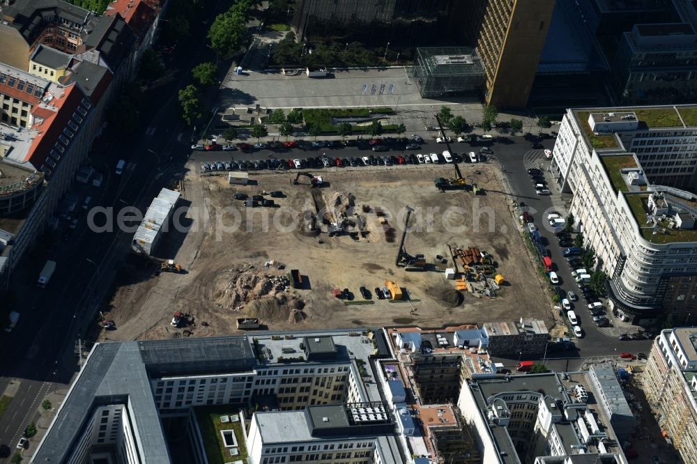 Berlin from above - Construction site with pile foundation work for the foundation plate of the new building Axel Springer Campus - OMA to Krausenstrasse - Schuetzenstrasse in Berlin