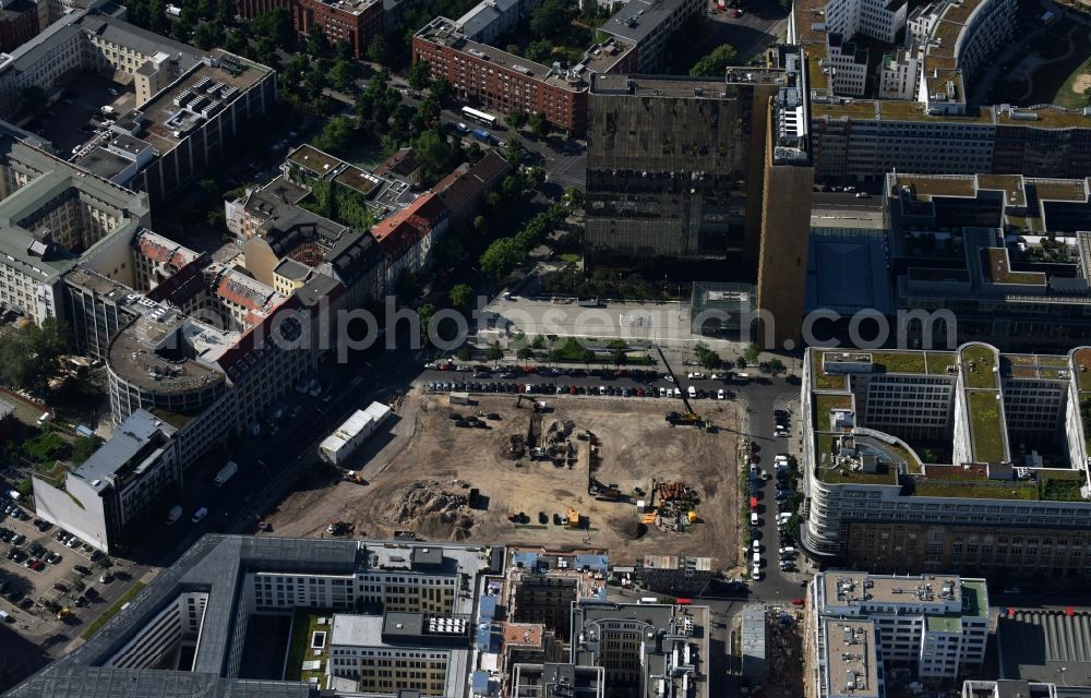 Aerial image Berlin - Construction site with pile foundation work for the foundation plate of the new building Axel Springer Campus - OMA to Krausenstrasse - Schuetzenstrasse in Berlin