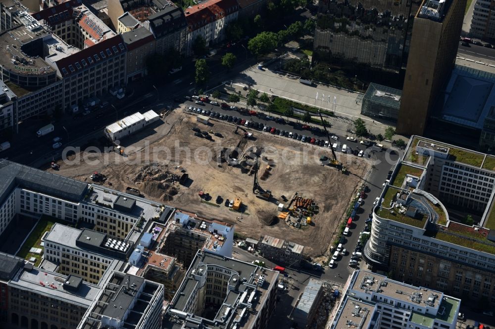 Aerial photograph Berlin - Construction site with pile foundation work for the foundation plate of the new building Axel Springer Campus - OMA to Krausenstrasse - Schuetzenstrasse in Berlin