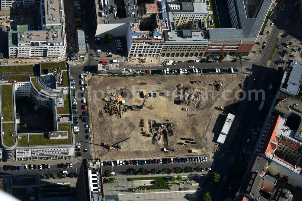 Aerial photograph Berlin - Construction site with pile foundation work for the foundation plate of the new building Axel Springer Campus - OMA to Krausenstrasse - Schuetzenstrasse in Berlin