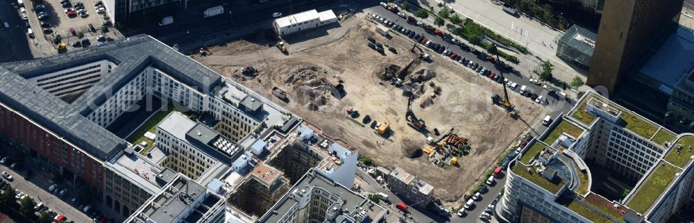 Berlin from above - Construction site with pile foundation work for the foundation plate of the new building Axel Springer Campus - OMA to Krausenstrasse - Schuetzenstrasse in Berlin