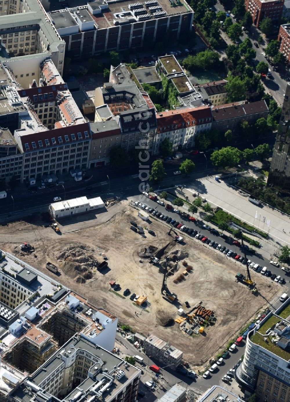 Berlin from the bird's eye view: Construction site with pile foundation work for the foundation plate of the new building Axel Springer Campus - OMA to Krausenstrasse - Schuetzenstrasse in Berlin