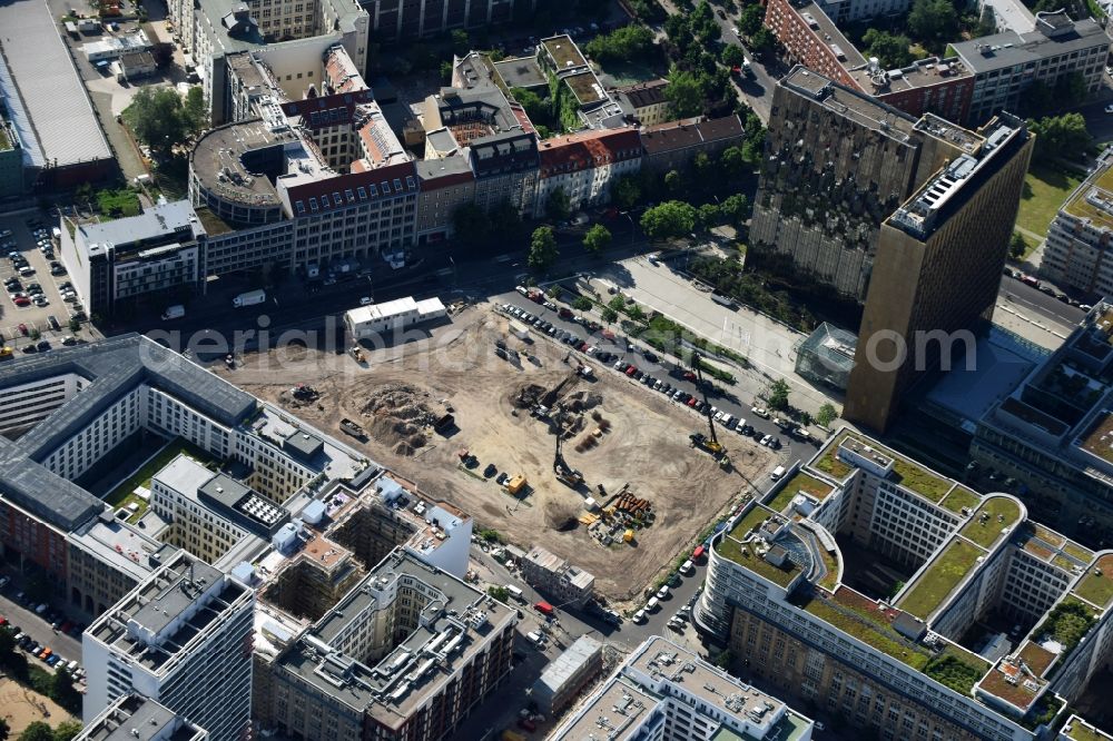 Aerial image Berlin - Construction site with pile foundation work for the foundation plate of the new building Axel Springer Campus - OMA to Krausenstrasse - Schuetzenstrasse in Berlin