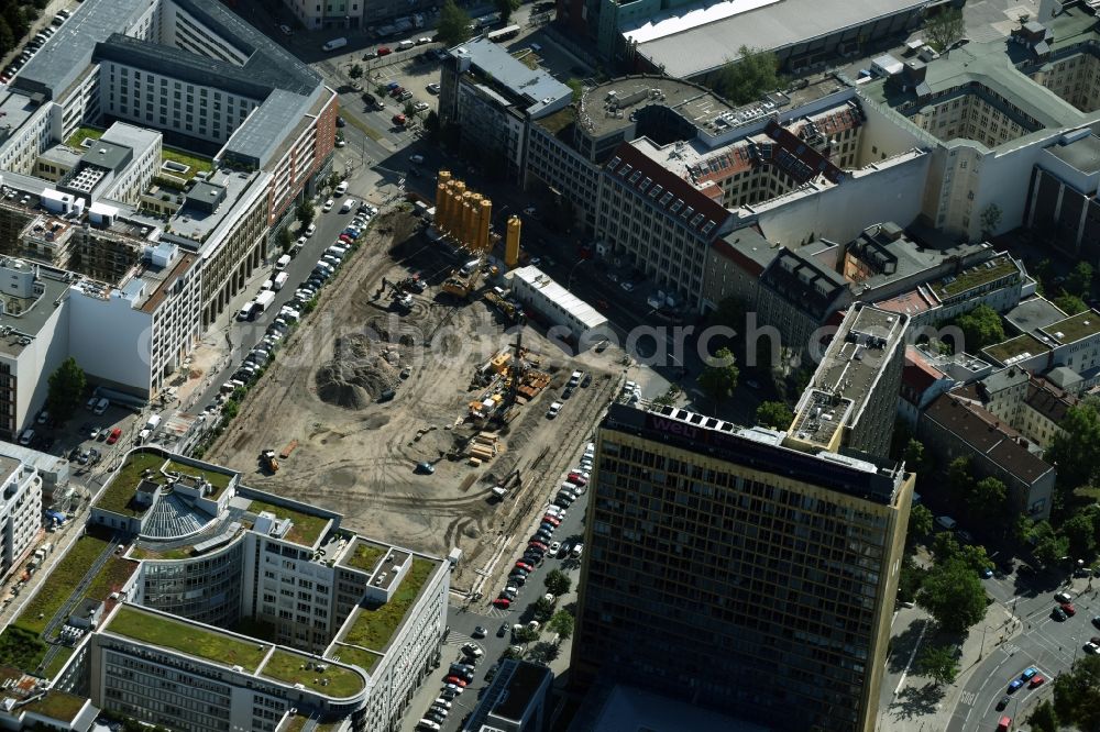 Berlin from the bird's eye view: Construction site with pile foundation work for the foundation plate of the new building Axel Springer Campus - OMA to Krausenstrasse - Schuetzenstrasse in Berlin