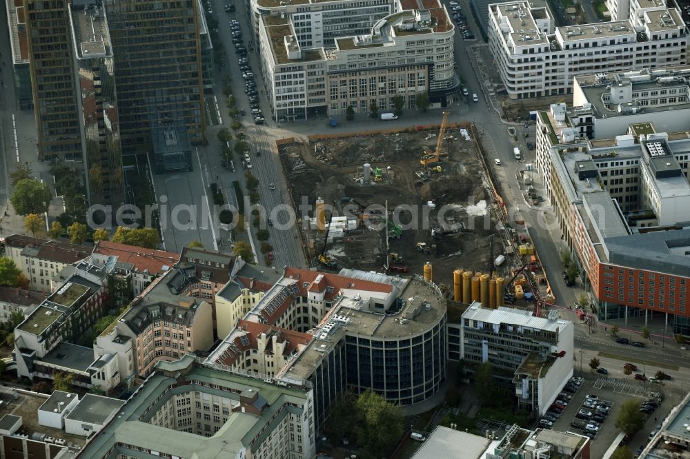 Aerial image Berlin - Construction site with pile foundation work for the foundation plate of the new building Axel Springer Campus - OMA to Krausenstrasse - Schuetzenstrasse in Berlin