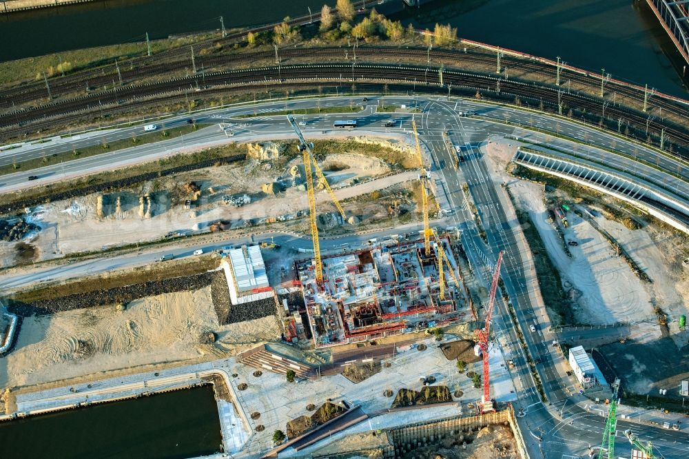 Aerial image Hamburg - Construction site with piling works for the foundation slab of a new building on office ond commercial building in the district HafenCity in Hamburg, Germany