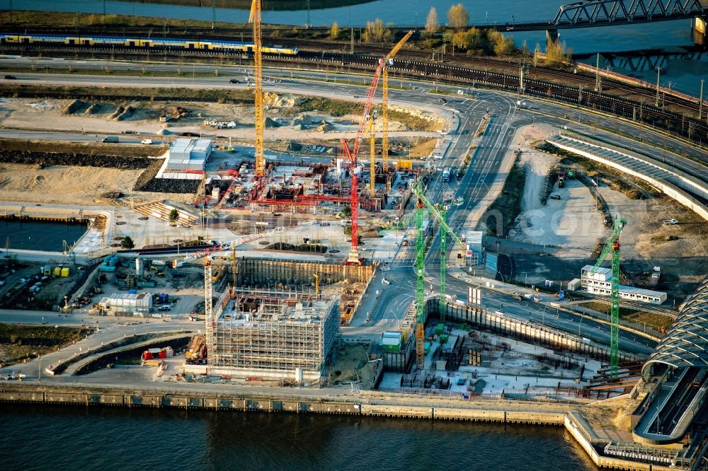 Aerial image Hamburg - Construction site with piling works for the foundation slab of a new building on office ond commercial building in the district HafenCity in Hamburg, Germany