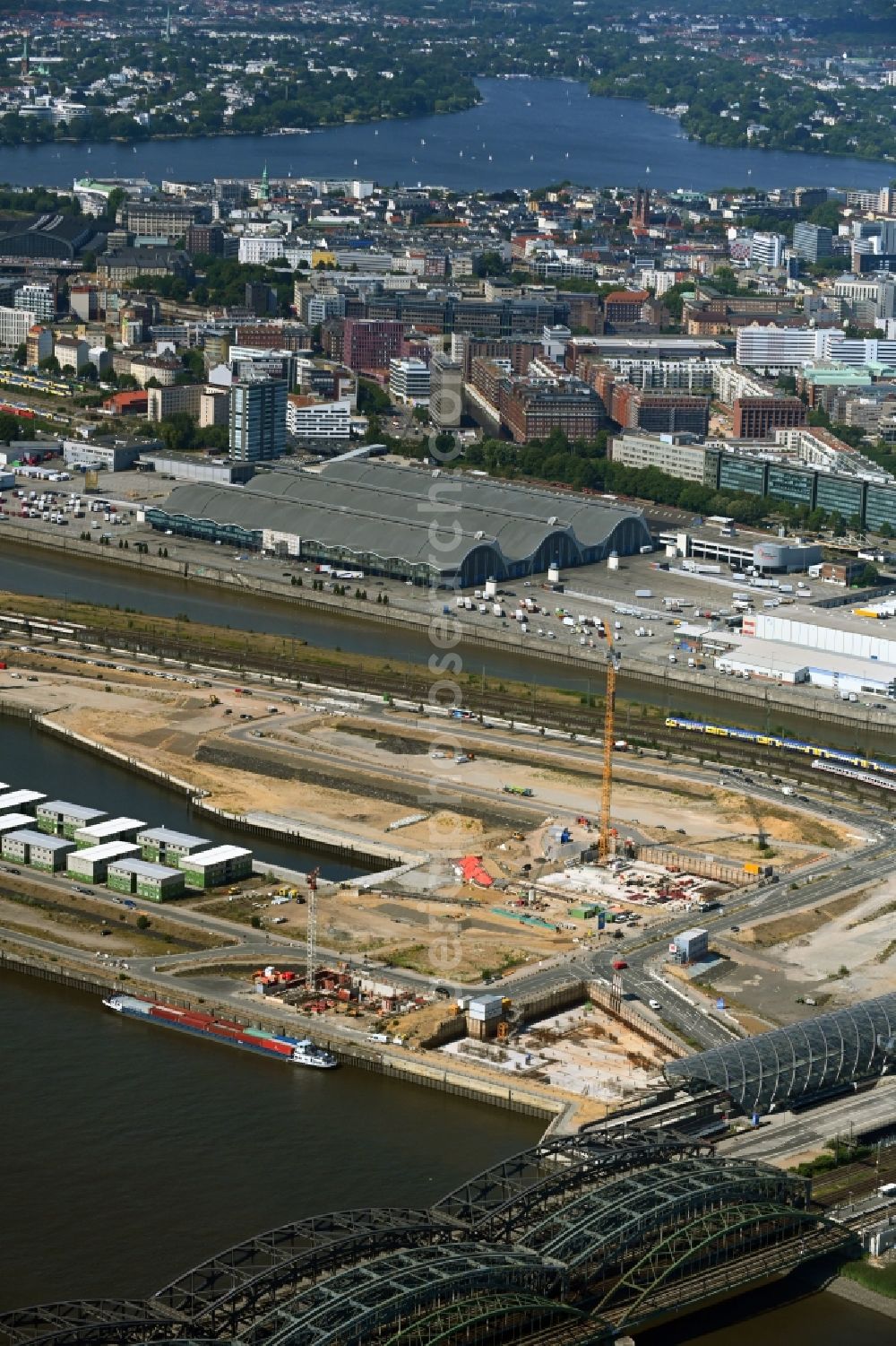 Aerial image Hamburg - Construction site with piling works for the foundation slab of a new building on office ond commercial building in the district HafenCity in Hamburg, Germany