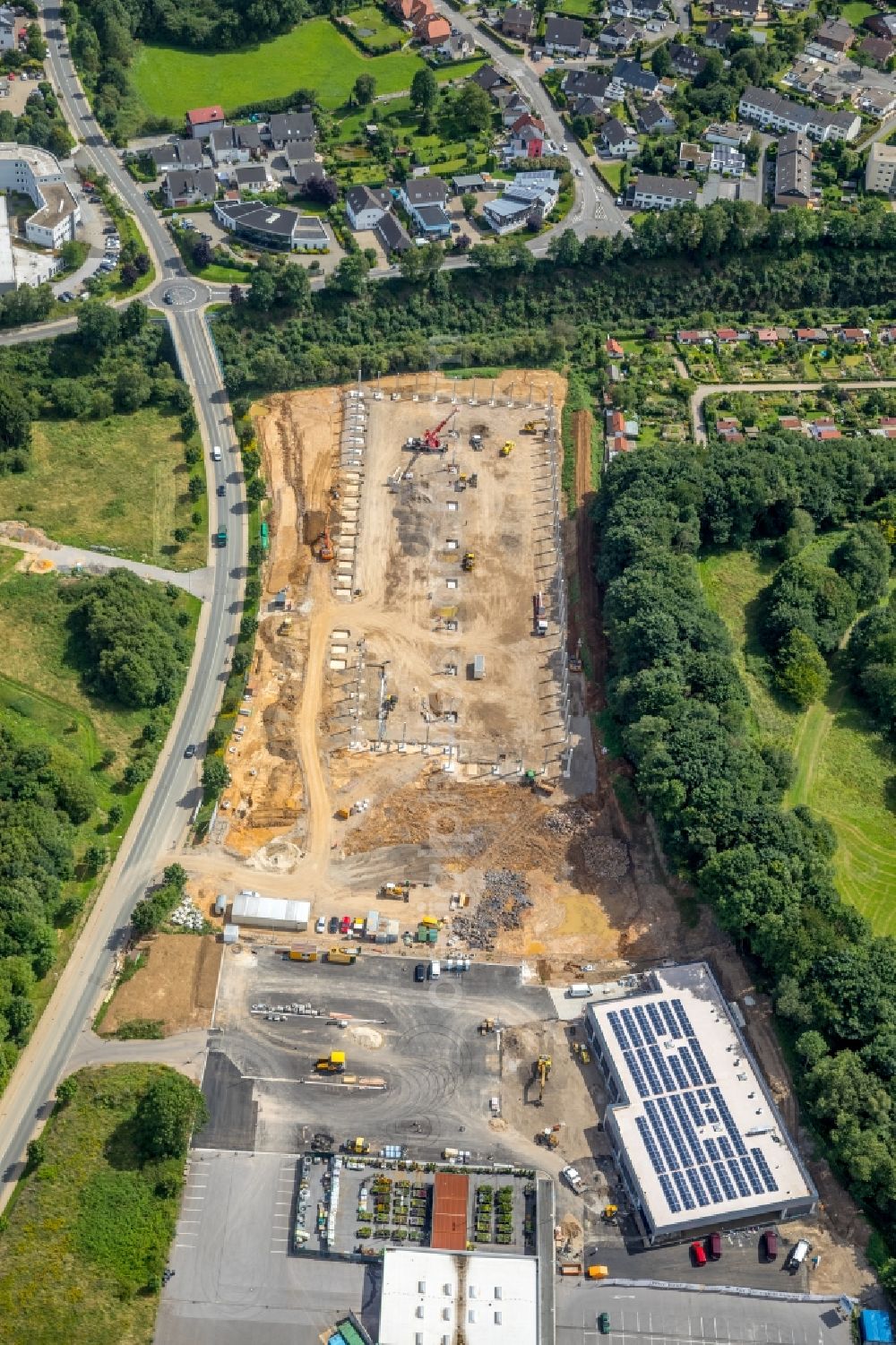 Ennepetal from above - Construction site with piling works for the foundation slab of a new building of PH Industrie-Hydraulik GmbH and Co. KG on Wuppermannshof in Ennepetal in the state North Rhine-Westphalia, Germany