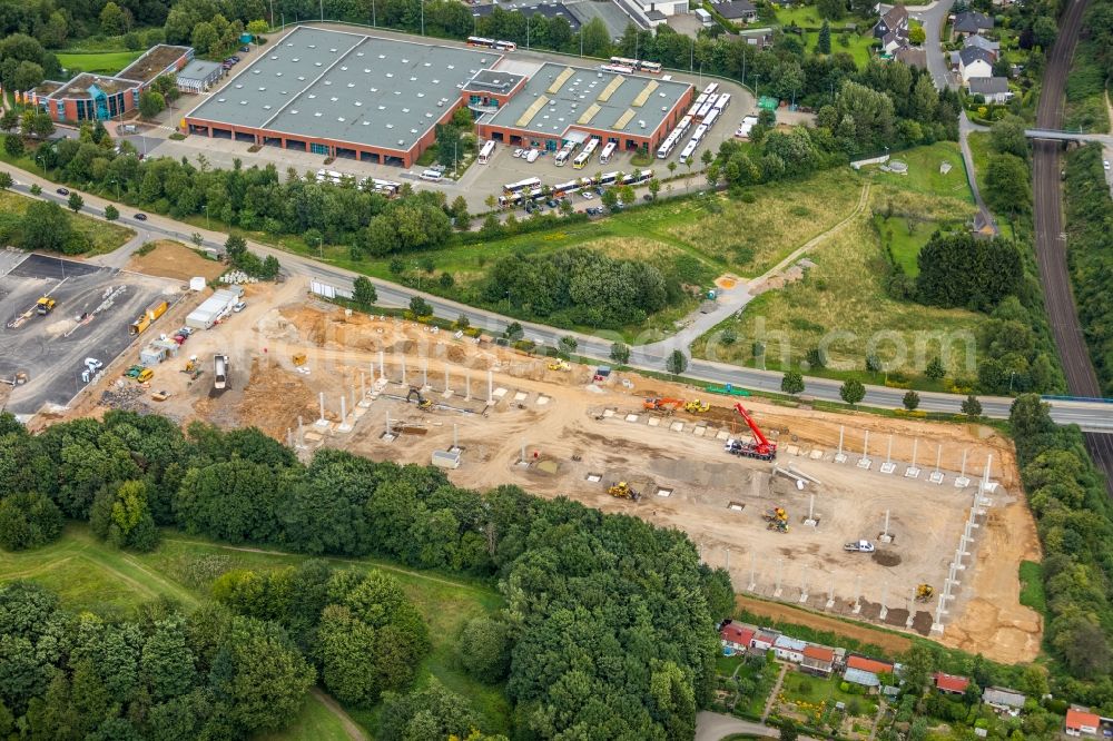 Ennepetal from the bird's eye view: Construction site with piling works for the foundation slab of a new building of PH Industrie-Hydraulik GmbH and Co. KG on Wuppermannshof in Ennepetal in the state North Rhine-Westphalia, Germany