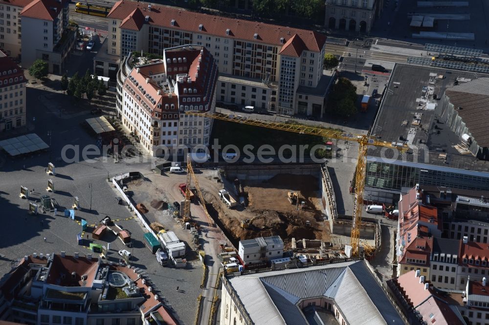 Aerial photograph Dresden - Construction site with piling works for the foundation slab of a new building Neumarkt - Palais of USD Immobilien GmbH in Dresden in the state Saxony