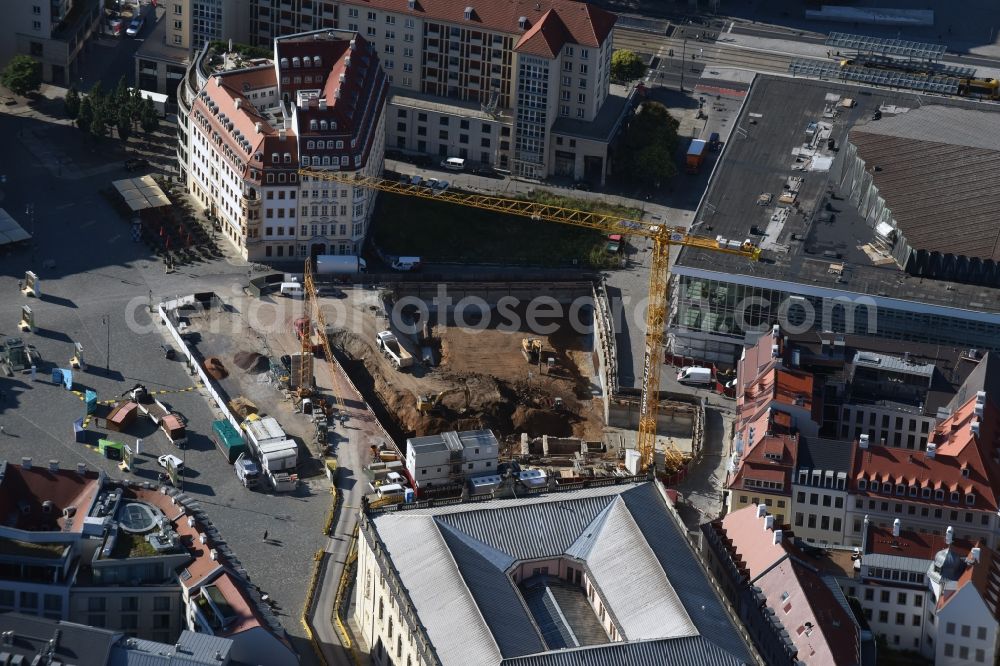 Dresden from above - Construction site with piling works for the foundation slab of a new building Neumarkt - Palais of USD Immobilien GmbH in Dresden in the state Saxony