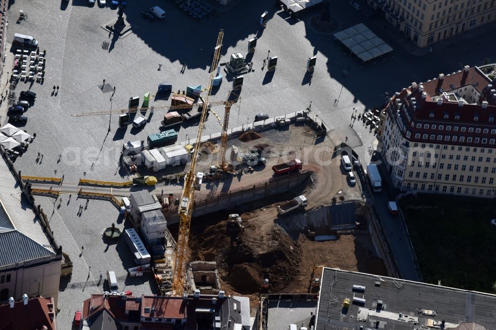 Dresden from the bird's eye view: Construction site with piling works for the foundation slab of a new building Neumarkt - Palais of USD Immobilien GmbH in Dresden in the state Saxony