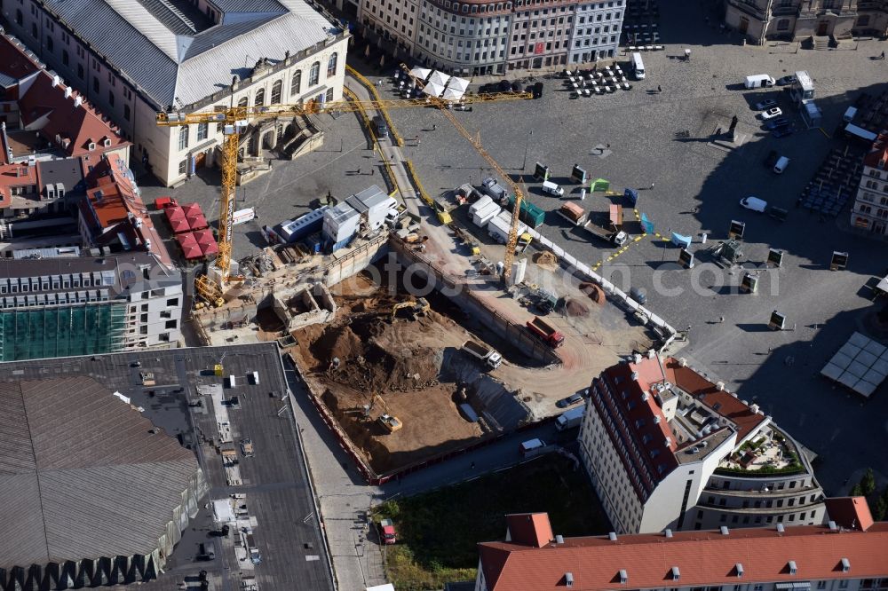 Aerial image Dresden - Construction site with piling works for the foundation slab of a new building Neumarkt - Palais of USD Immobilien GmbH in Dresden in the state Saxony