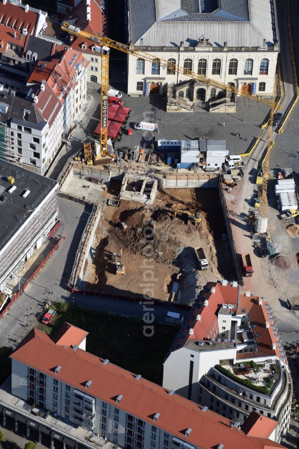 Dresden from above - Construction site with piling works for the foundation slab of a new building Neumarkt - Palais of USD Immobilien GmbH in Dresden in the state Saxony