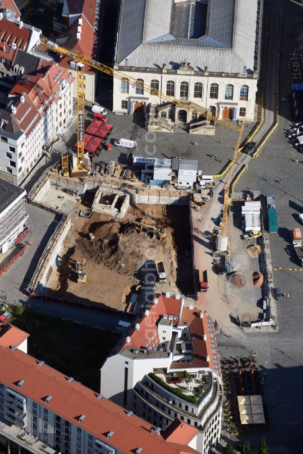 Aerial image Dresden - Construction site with piling works for the foundation slab of a new building Neumarkt - Palais of USD Immobilien GmbH in Dresden in the state Saxony