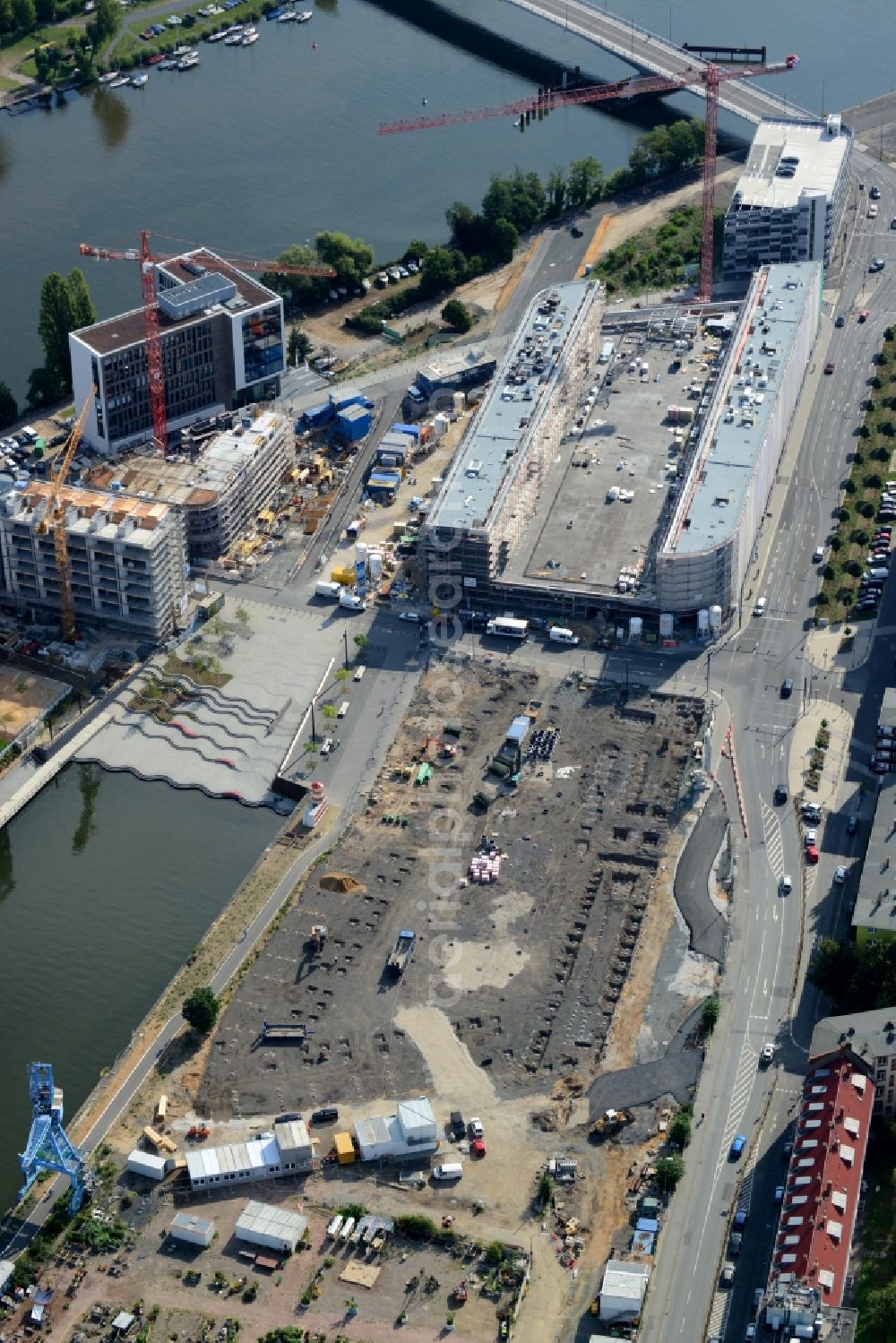 Offenbach am Main from above - Construction site with piling works for the foundation slab of a new building am Nordring - Hafen in Offenbach am Main in the state Hesse