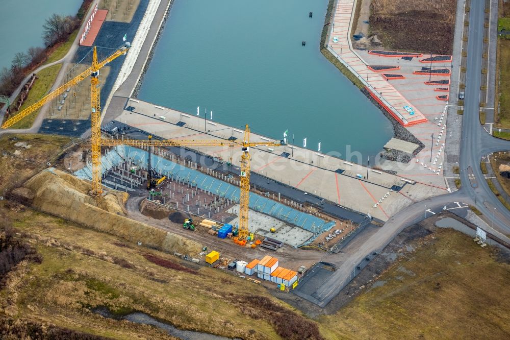 Gelsenkirchen from above - Construction site with piling works for the foundation slab of a new building der Stoelting Service Group GmbH an der Johannes-Rau-Allee in the district Bismarck in Gelsenkirchen in the state North Rhine-Westphalia