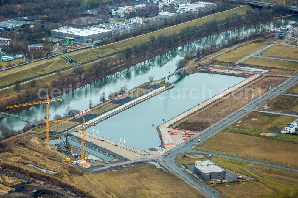 Gelsenkirchen from the bird's eye view: Construction site with piling works for the foundation slab of a new building der Stoelting Service Group GmbH an der Johannes-Rau-Allee in the district Bismarck in Gelsenkirchen in the state North Rhine-Westphalia