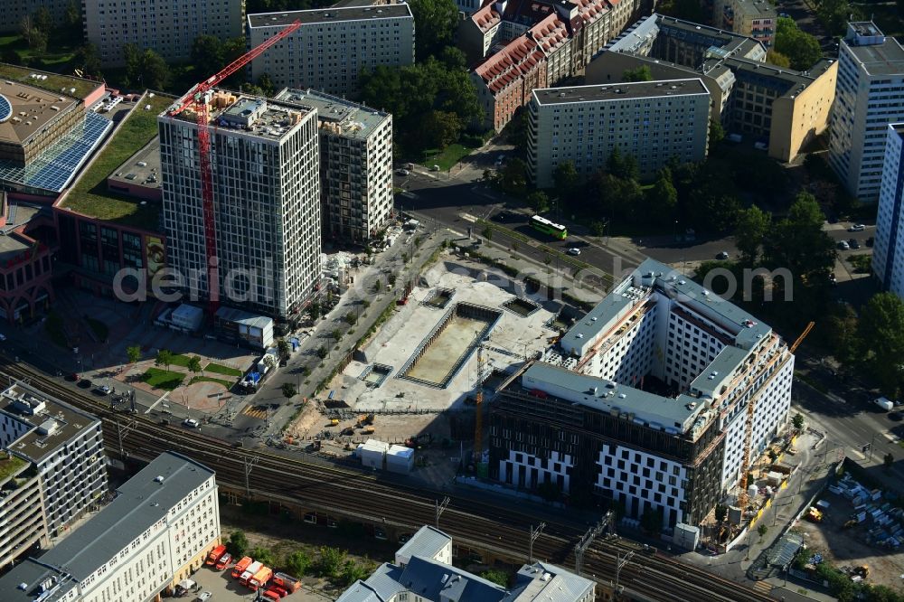 Berlin from above - Construction site with piling works for the foundation slab of a new building on Voltairestrasse - Alexanderstrasse - Dircksenstrasse in the district Mitte in Berlin, Germany