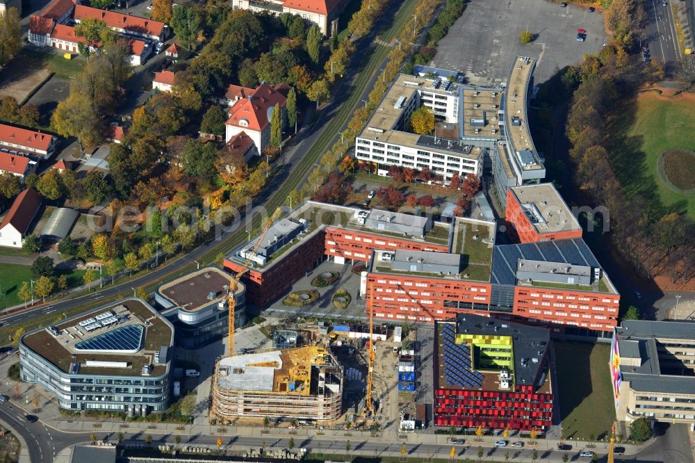 Leipzig from above - Construction extension Fraunhofer Institute at the BIO CITY LEIPZIG on the site of old Exhibition Centre Leipzig in Saxony