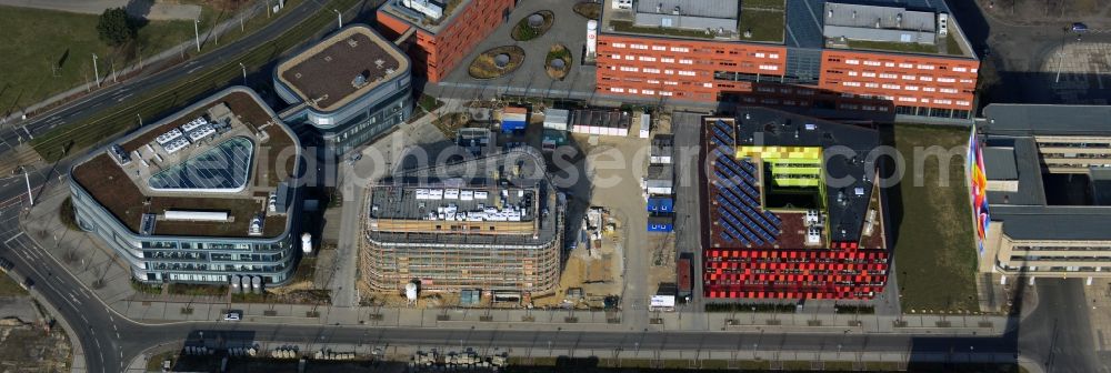 Leipzig from above - Construction extension Fraunhofer Institute at the BIO CITY LEIPZIG on the site of old Exhibition Centre Leipzig in Saxony