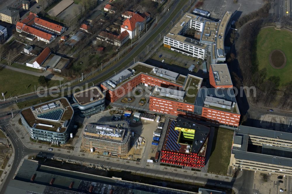 Leipzig from the bird's eye view: Construction extension Fraunhofer Institute at the BIO CITY LEIPZIG on the site of old Exhibition Centre Leipzig in Saxony