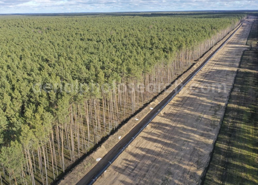 Spreeau from above - Route of the underground gas pipes and power line route EUGAL in Spreeau in the state Brandenburg, Germany