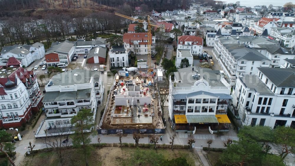 Binz from above - Construction site of holiday house plant of the park STRANDVILLA CHARLOTTE on street Strandpromenade and Schwedenstrasse in Binz in the state Mecklenburg - Western Pomerania, Germany