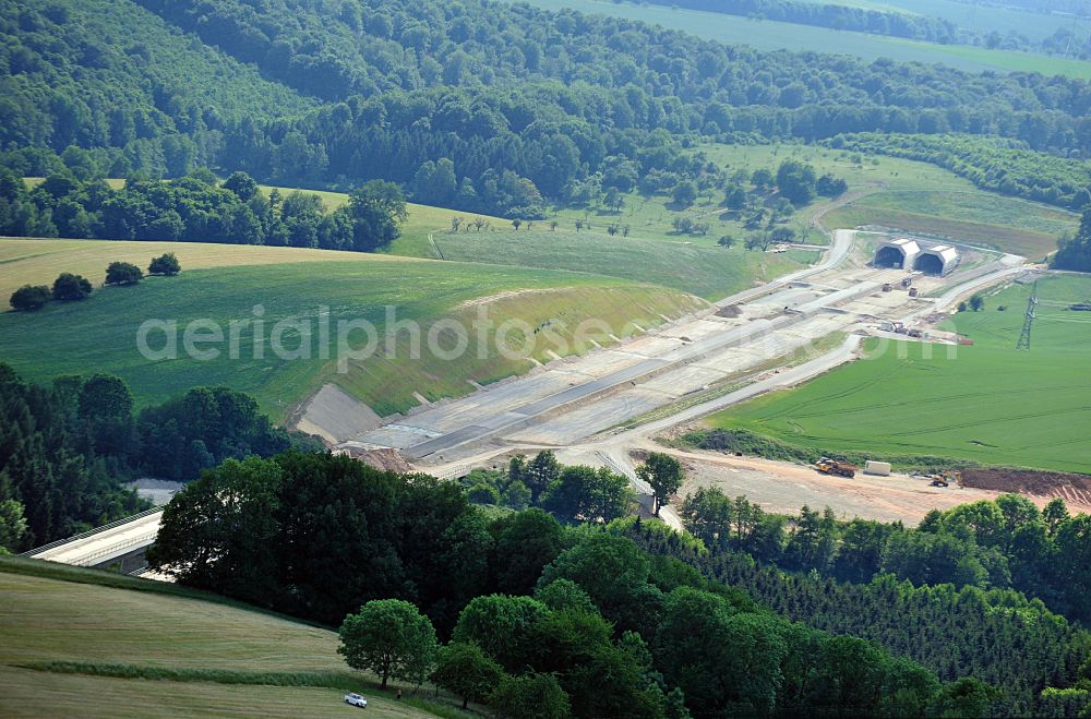 Finneland from the bird's eye view: Construction site for new train- tunnel construction Finnetunnel - Bibratunnel the train and ICE route in Finneland in the state Saxony-Anhalt, Germany