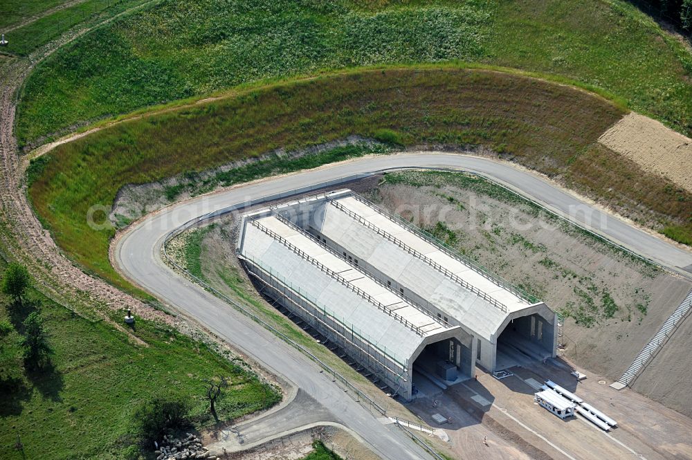 Aerial photograph Finneland - Construction site for new train- tunnel construction Finnetunnel - Bibratunnel the train and ICE route in Finneland in the state Saxony-Anhalt, Germany